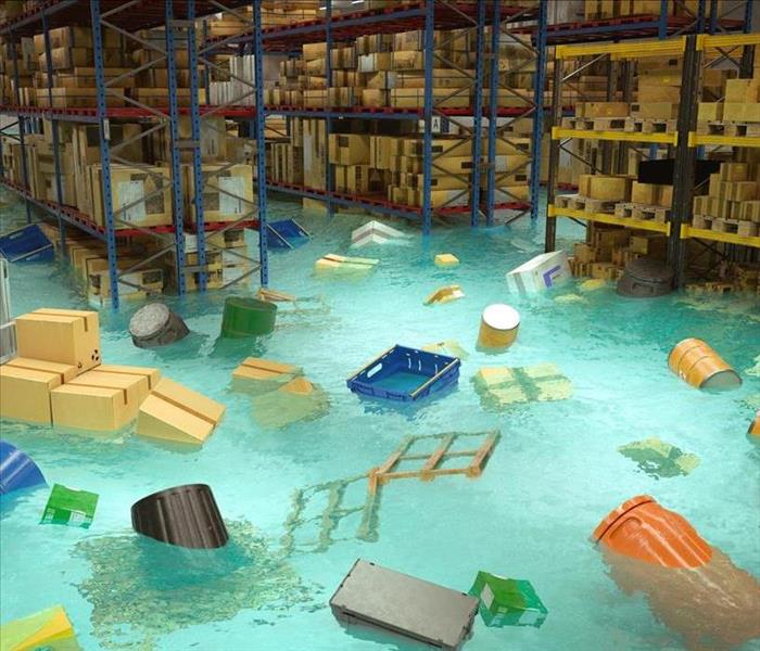 shelves, cartons flooded in a warehouse